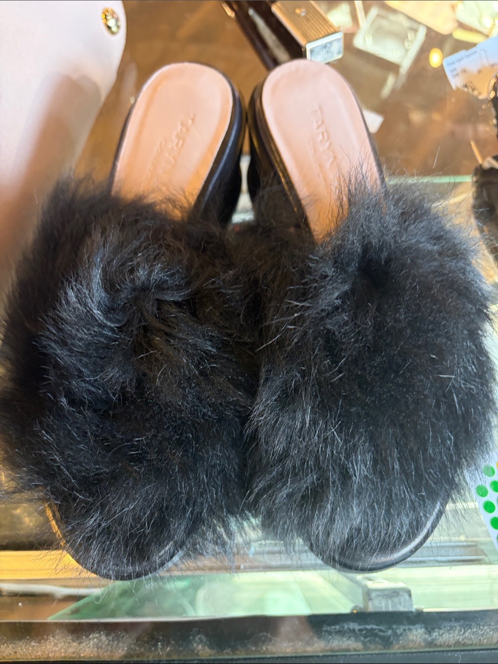Taryn Rose Black Faux Fur Slide Sandals